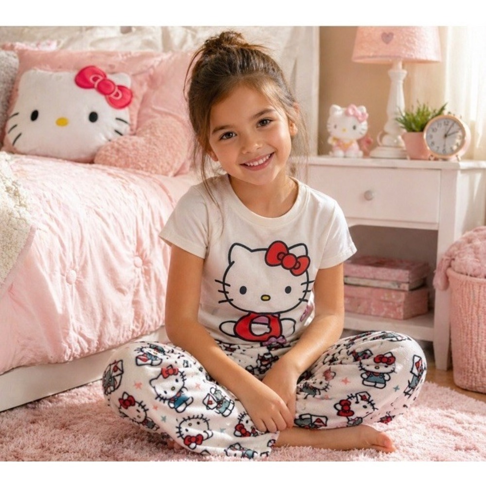 Hello Kitty Girls Pajama Set Size 6 Fleece Pants White Top Sanrio Sleepwear